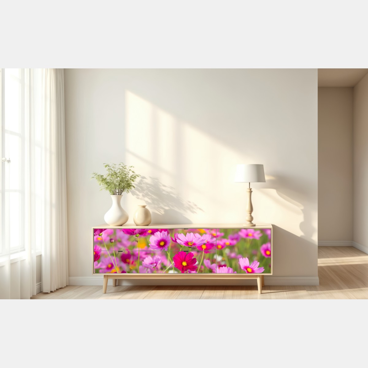 Repositionierbarer Aufkleber rosa kosmeenwiese in blüte – Wallnifity® Repositionierbarer Aufkleber rosa kosmeenwiese in blüte – Wallnifity®