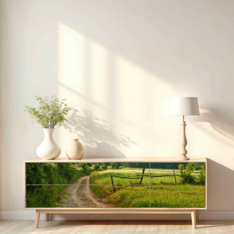 Repositionierbarer Aufkleber sonniger landweg durch grüne wiesen – Wallnifity® Repositionierbarer Aufkleber sonniger landweg durch grüne wiesen – Wallnifity®