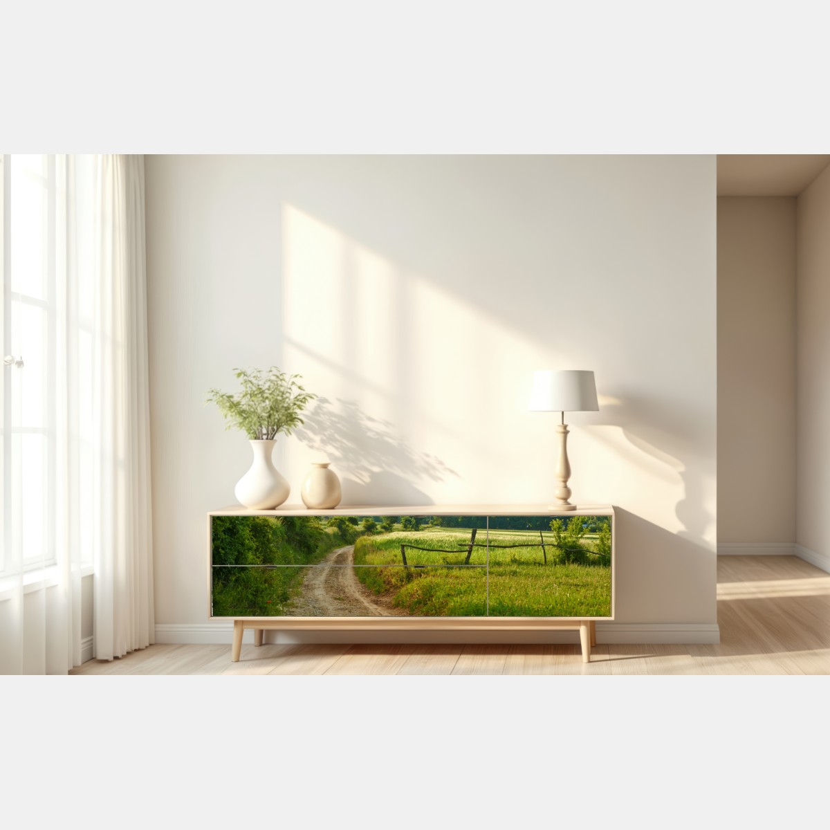 Repositionierbarer Aufkleber sonniger landweg durch grüne wiesen – Wallnifity® Repositionierbarer Aufkleber sonniger landweg durch grüne wiesen – Wallnifity®