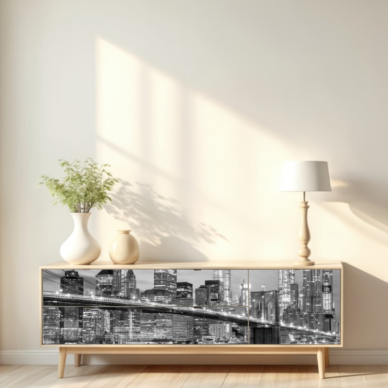 Repositionierbarer Aufkleber schwarzweiß skyline von New York mit Brooklyn Bridge – Wallnifity® Repositionierbarer Aufkleber schwarzweiß skyline von New York mit Brooklyn Bridge – Wallnifity®