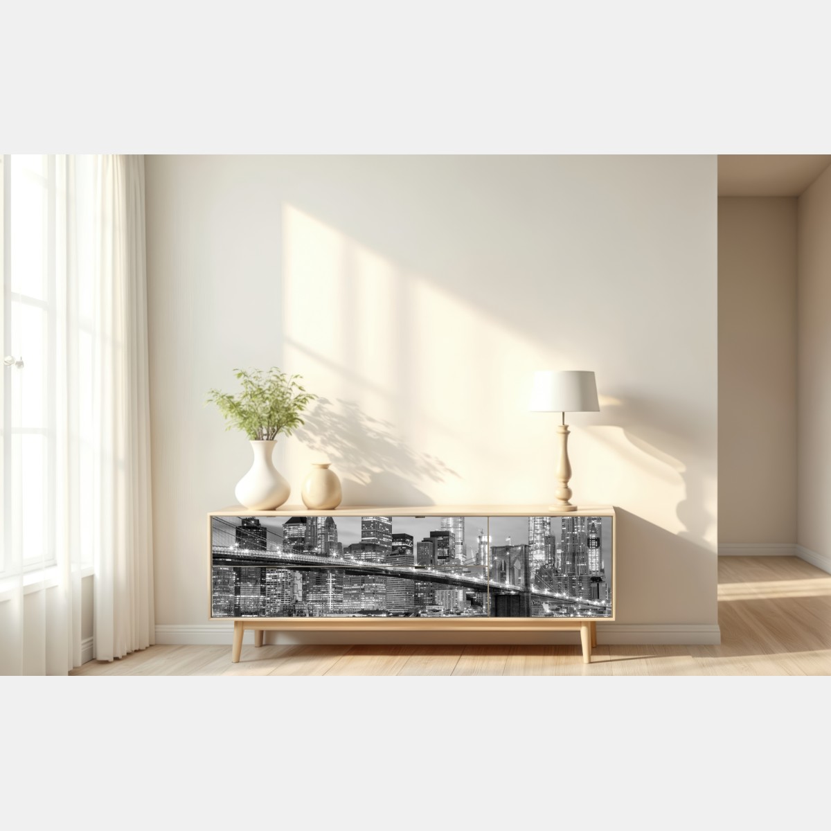 Repositionierbarer Aufkleber schwarzweiß skyline von New York mit Brooklyn Bridge – Wallnifity® Repositionierbarer Aufkleber schwarzweiß skyline von New York mit Brooklyn Bridge – Wallnifity®