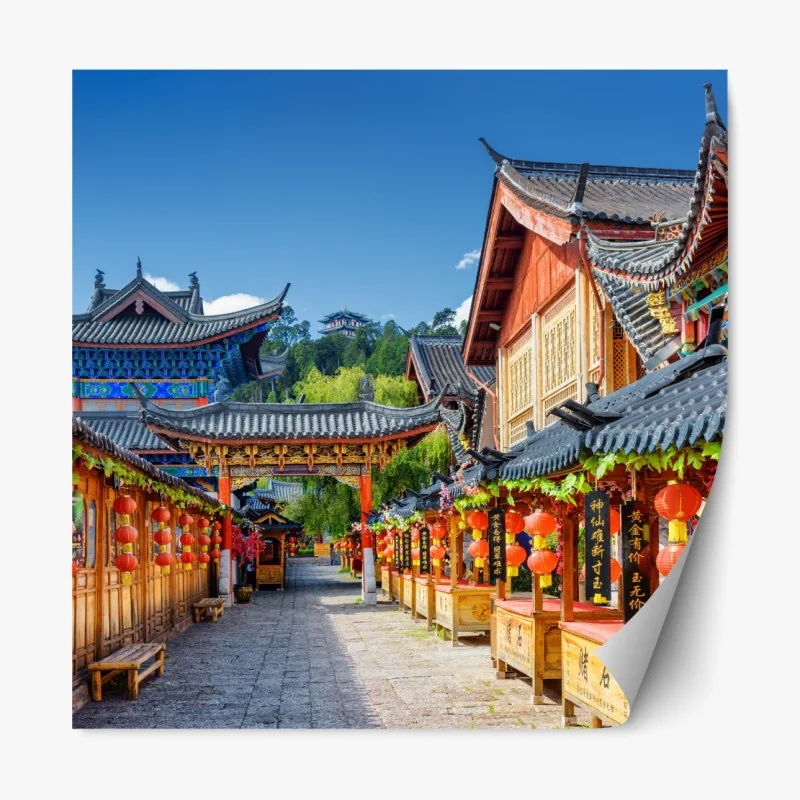 Repositionierbarer Aufkleber Lijiang alte gasse mit laternen – Wallnifity® Repositionierbarer Aufkleber Lijiang alte gasse mit laternen – Wallnifity®
