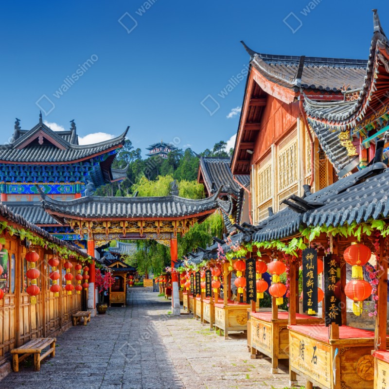 Repositionierbarer Aufkleber Lijiang alte gasse mit laternen – Wallnifity® Repositionierbarer Aufkleber Lijiang alte gasse mit laternen – Wallnifity®