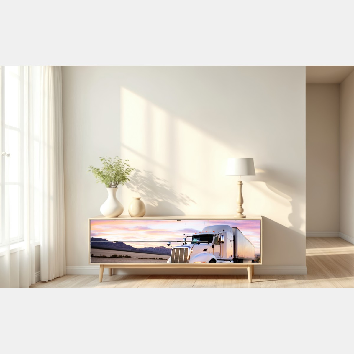 Repositionierbarer Aufkleber lastwagen bei sonnenuntergang auf der autobahn – Wallnifity® Repositionierbarer Aufkleber lastwagen bei sonnenuntergang auf der autobahn – Wallnifity®