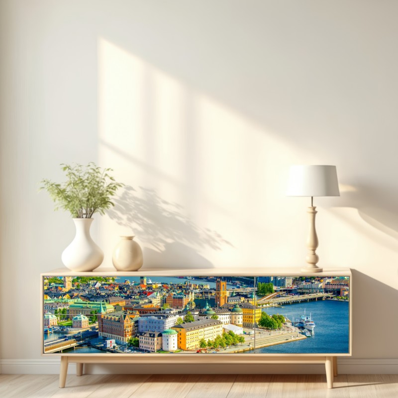 Repositionierbarer Aufkleber lebendige stadtansicht von Stockholm bei sonnenuntergang – Wallnifity® Repositionierbarer Aufkleber lebendige stadtansicht von Stockholm bei sonnenuntergang – Wallnifity®