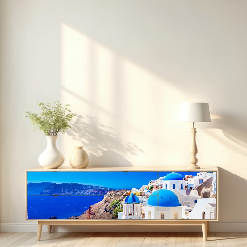 Repositionierbarer Aufkleber Santorini blaue kuppeln über dem Ägäischen Meer – Wallnifity® Repositionierbarer Aufkleber Santorini blaue kuppeln über dem Ägäischen Meer – Wallnifity®