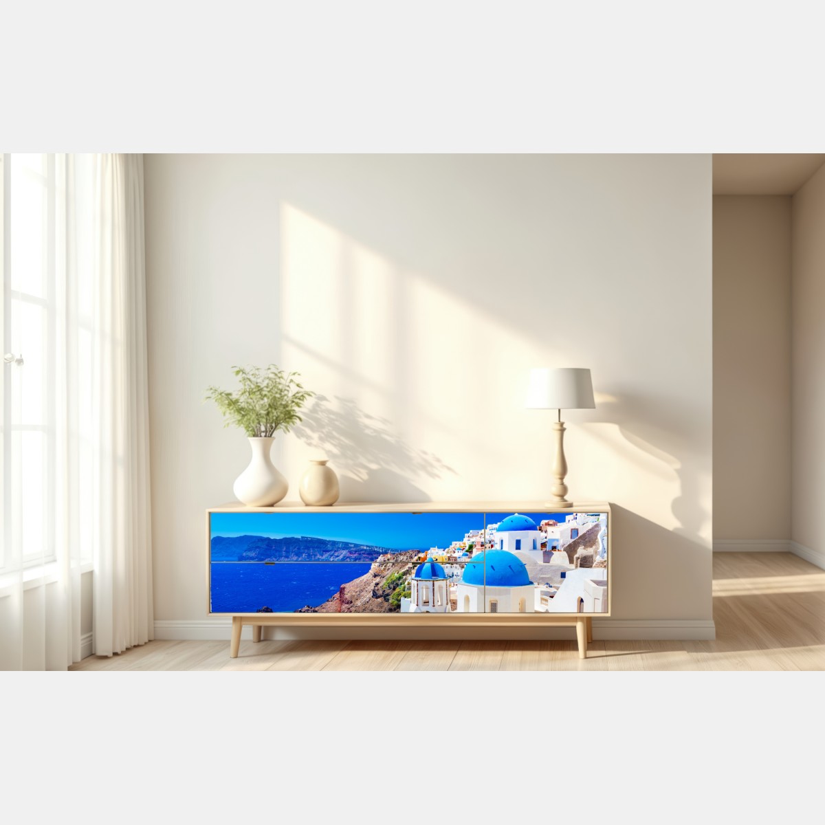 Repositionierbarer Aufkleber Santorini blaue kuppeln über dem Ägäischen Meer – Wallnifity® Repositionierbarer Aufkleber Santorini blaue kuppeln über dem Ägäischen Meer – Wallnifity®