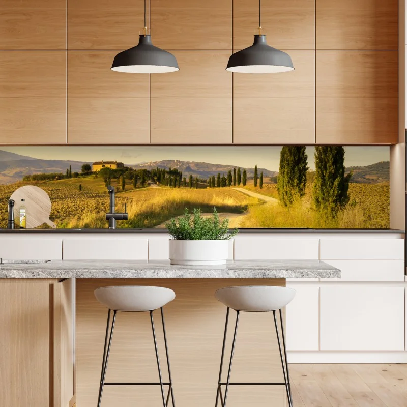 Repositionierbarer Aufkleber goldene landstraße zwischen zypressen – Wallnifity® Repositionierbarer Aufkleber goldene landstraße zwischen zypressen – Wallnifity®