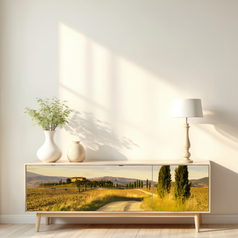 Repositionierbarer Aufkleber goldene landstraße zwischen zypressen – Wallnifity® Repositionierbarer Aufkleber goldene landstraße zwischen zypressen – Wallnifity®