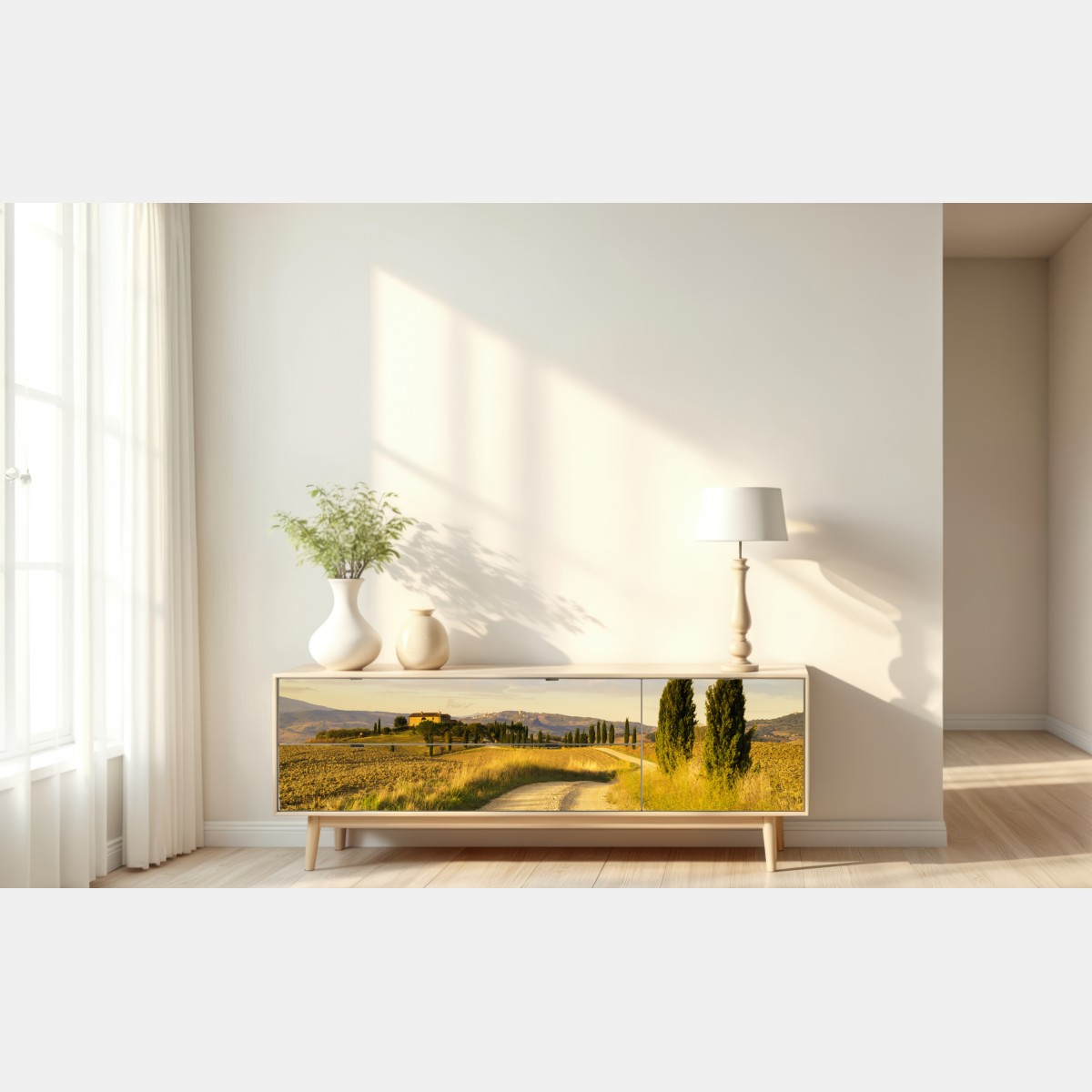 Repositionierbarer Aufkleber goldene landstraße zwischen zypressen – Wallnifity® Repositionierbarer Aufkleber goldene landstraße zwischen zypressen – Wallnifity®