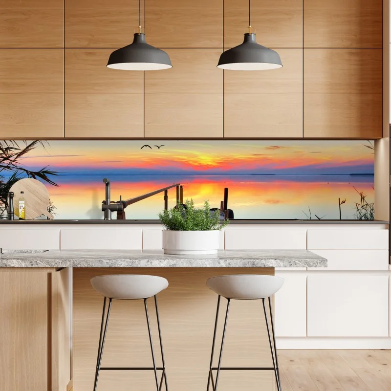 Repositionierbarer Aufkleber steg bei sonnenuntergang über ruhigem see – Wallnifity® Repositionierbarer Aufkleber steg bei sonnenuntergang über ruhigem see – Wallnifity®