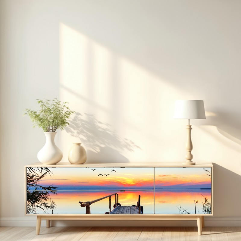 Repositionierbarer Aufkleber steg bei sonnenuntergang über ruhigem see – Wallnifity® Repositionierbarer Aufkleber steg bei sonnenuntergang über ruhigem see – Wallnifity®