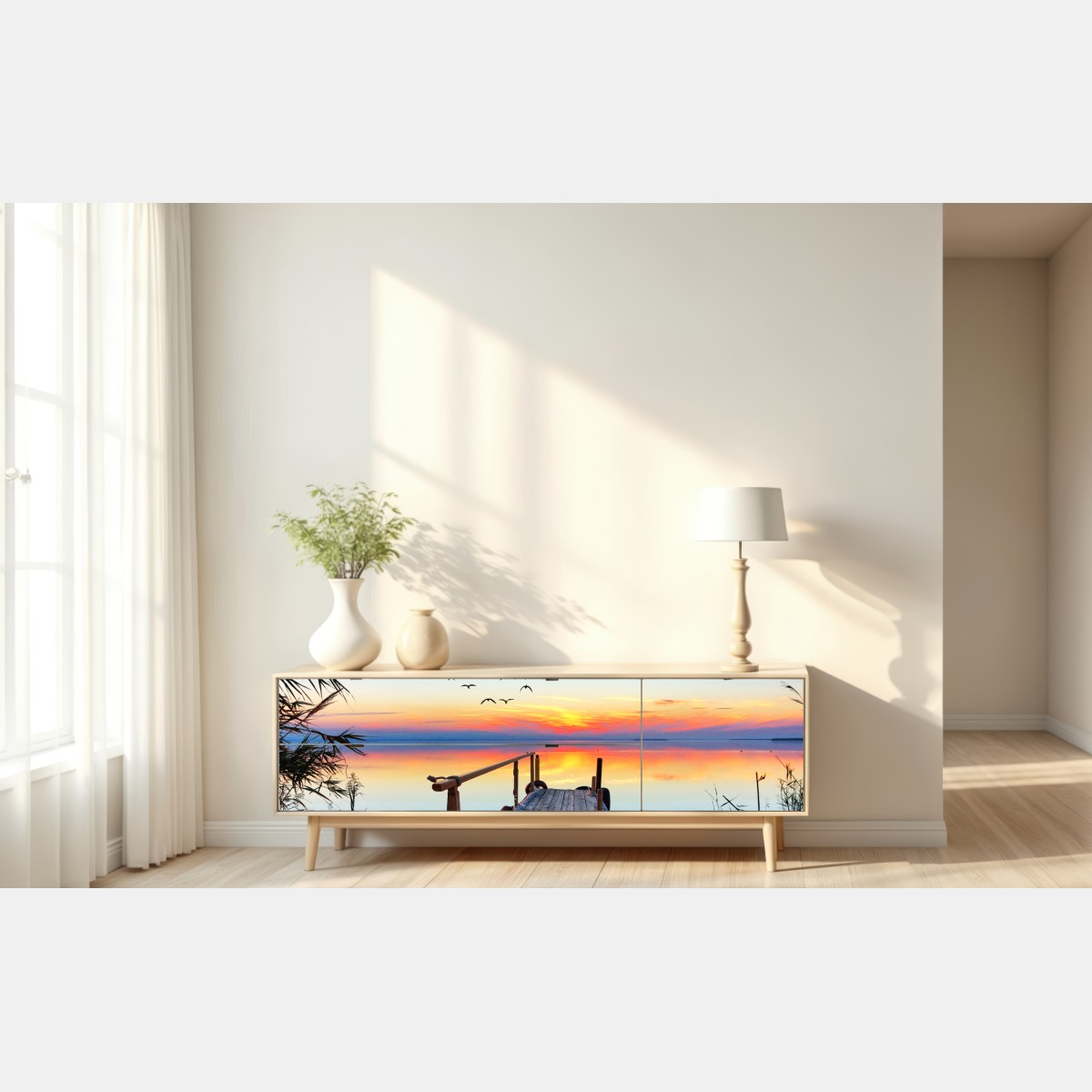 Repositionierbarer Aufkleber steg bei sonnenuntergang über ruhigem see – Wallnifity® Repositionierbarer Aufkleber steg bei sonnenuntergang über ruhigem see – Wallnifity®