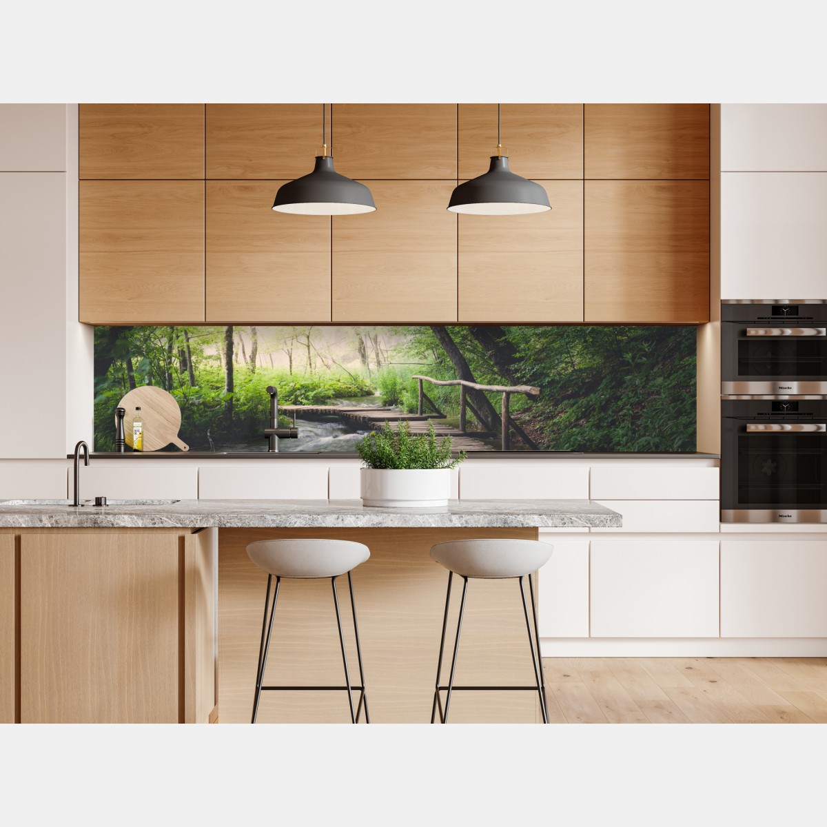 Repositionierbarer Aufkleber ruhiger hölzerner steg durch grünen wald – Wallnifity® Repositionierbarer Aufkleber ruhiger hölzerner steg durch grünen wald – Wallnifity®