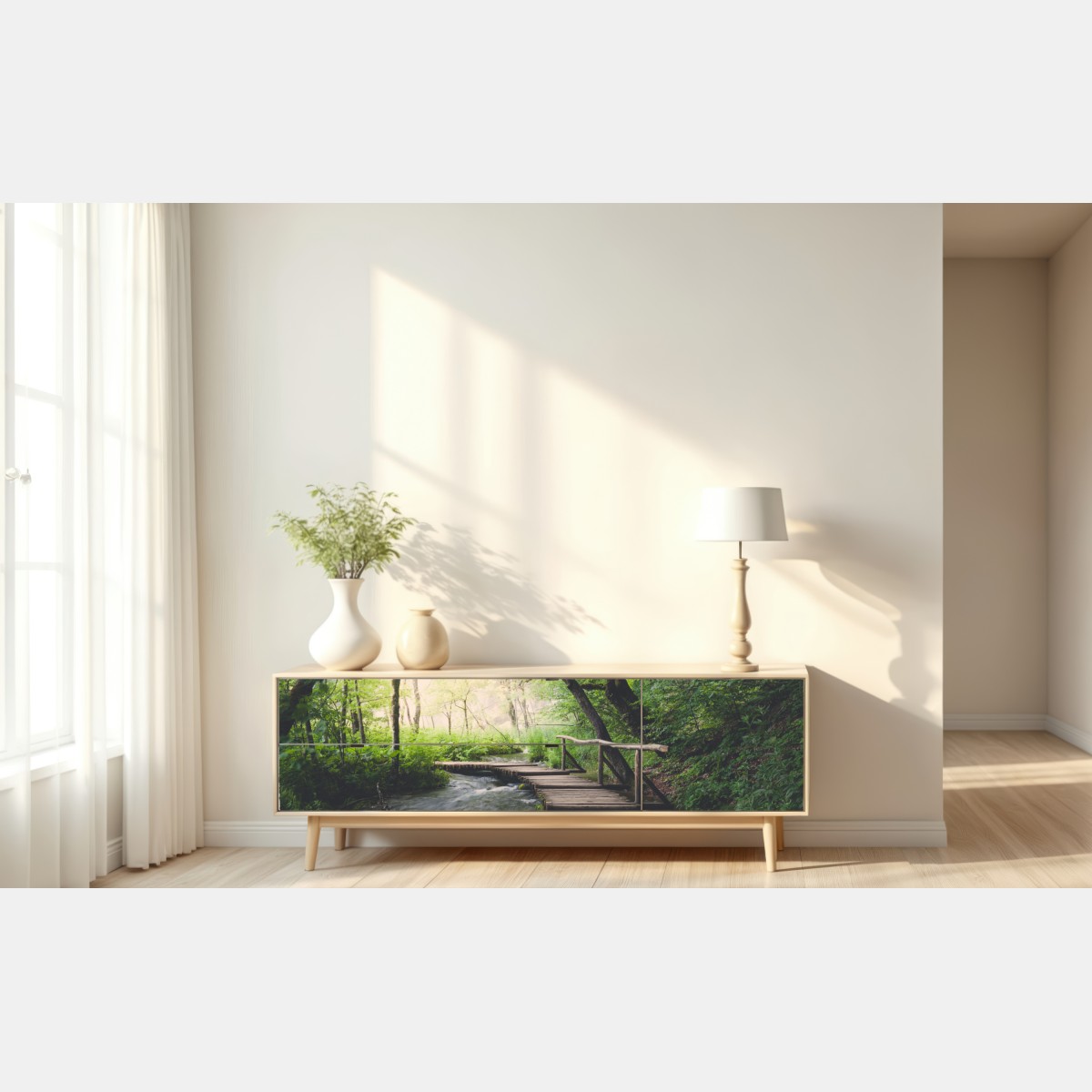 Repositionierbarer Aufkleber ruhiger hölzerner steg durch grünen wald – Wallnifity® Repositionierbarer Aufkleber ruhiger hölzerner steg durch grünen wald – Wallnifity®