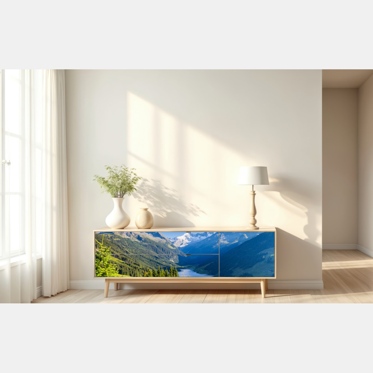 Repositionierbarer Aufkleber ruhiges tal mit alpensee – Wallnifity® Repositionierbarer Aufkleber ruhiges tal mit alpensee – Wallnifity®