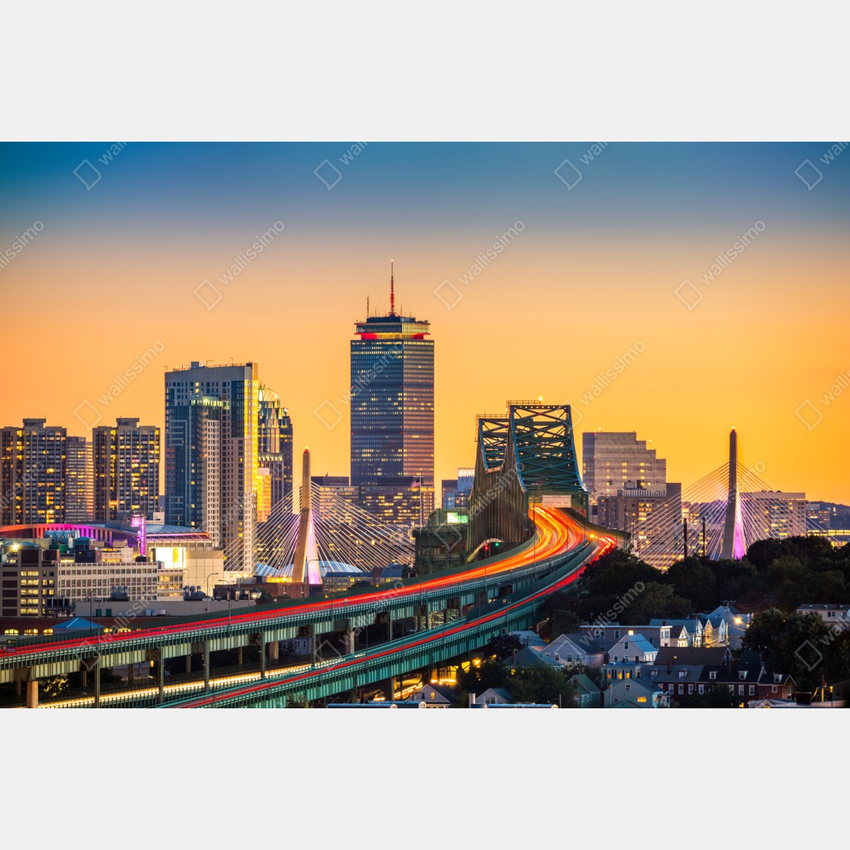Repositionierbarer Aufkleber panorama von Boston bei sonnenuntergang mit Zakim und Tobin brücken – Wallnifity® Repositionierbarer Aufkleber panorama von Boston bei sonnenuntergang mit Zakim und Tobin brücken – Wallnifity®