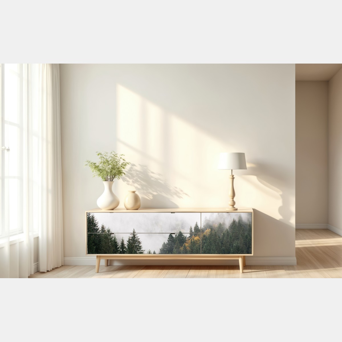 Repositionierbarer Aufkleber nebliger bergwald im dunst – Wallnifity® Repositionierbarer Aufkleber nebliger bergwald im dunst – Wallnifity®