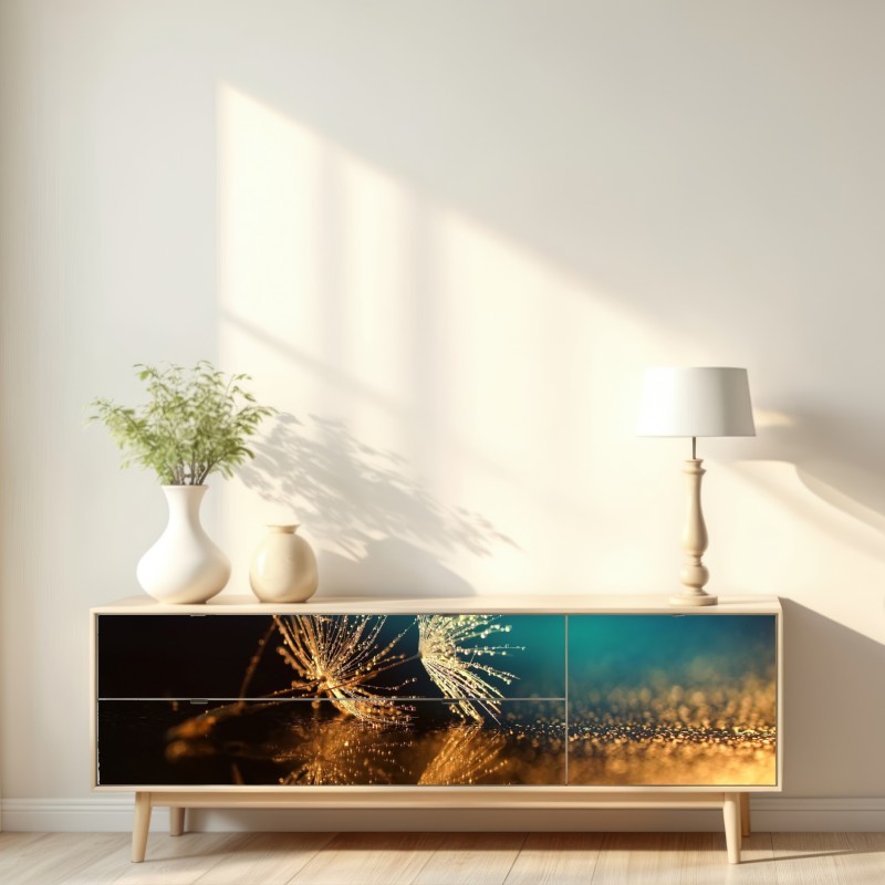 Repositionierbarer Aufkleber goldene reflexion von löwenzahnsamen – Wallnifity® Repositionierbarer Aufkleber goldene reflexion von löwenzahnsamen – Wallnifity®