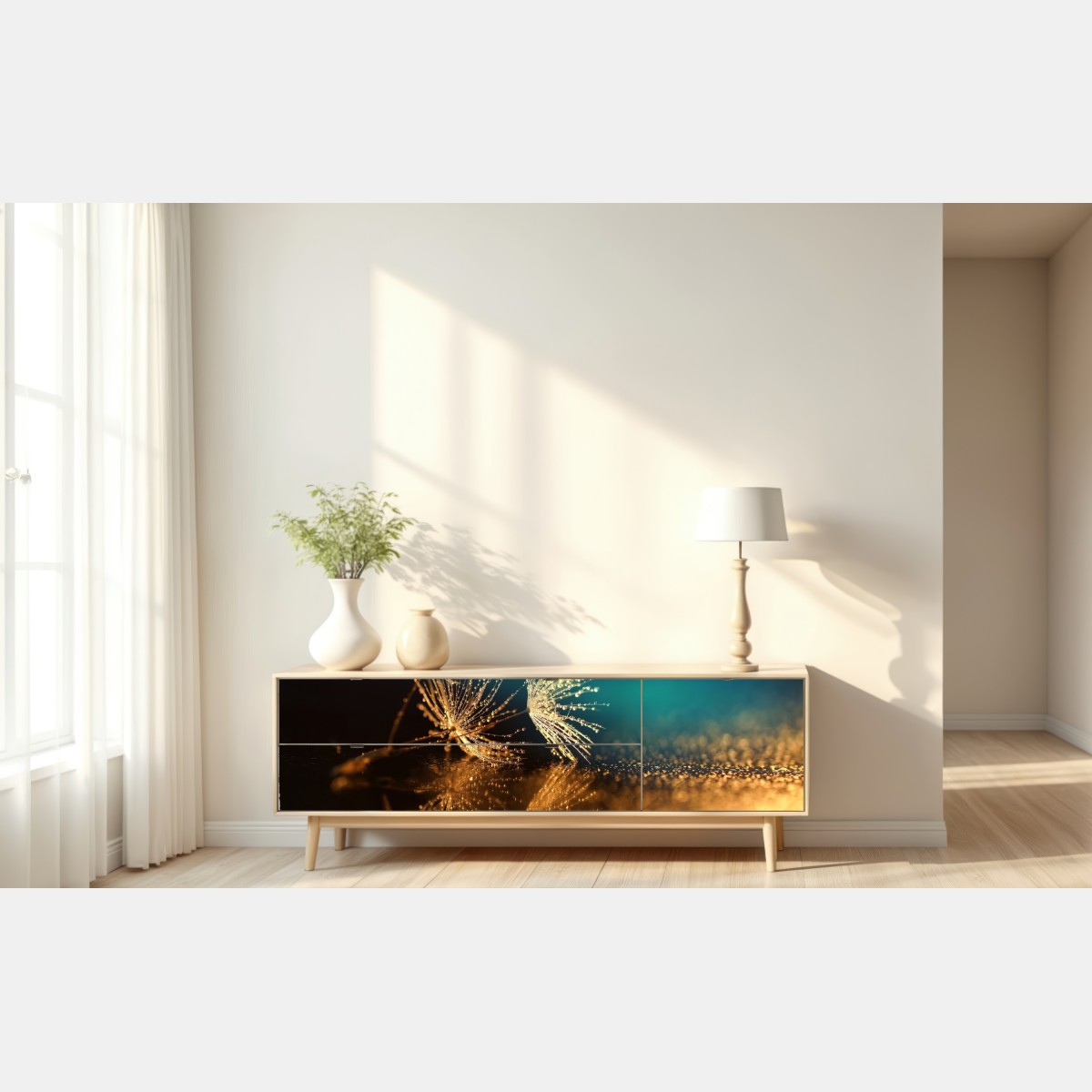 Repositionierbarer Aufkleber goldene reflexion von löwenzahnsamen – Wallnifity® Repositionierbarer Aufkleber goldene reflexion von löwenzahnsamen – Wallnifity®