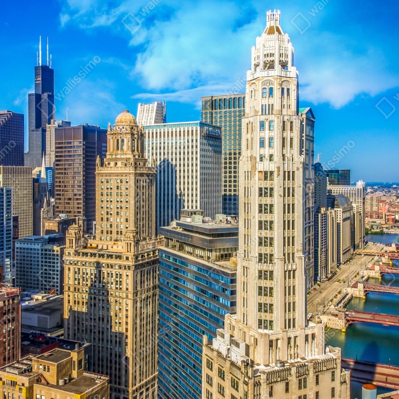 Repositionierbarer Aufkleber Chicago skyline über dem fluss – Wallnifity® Repositionierbarer Aufkleber Chicago skyline über dem fluss – Wallnifity®