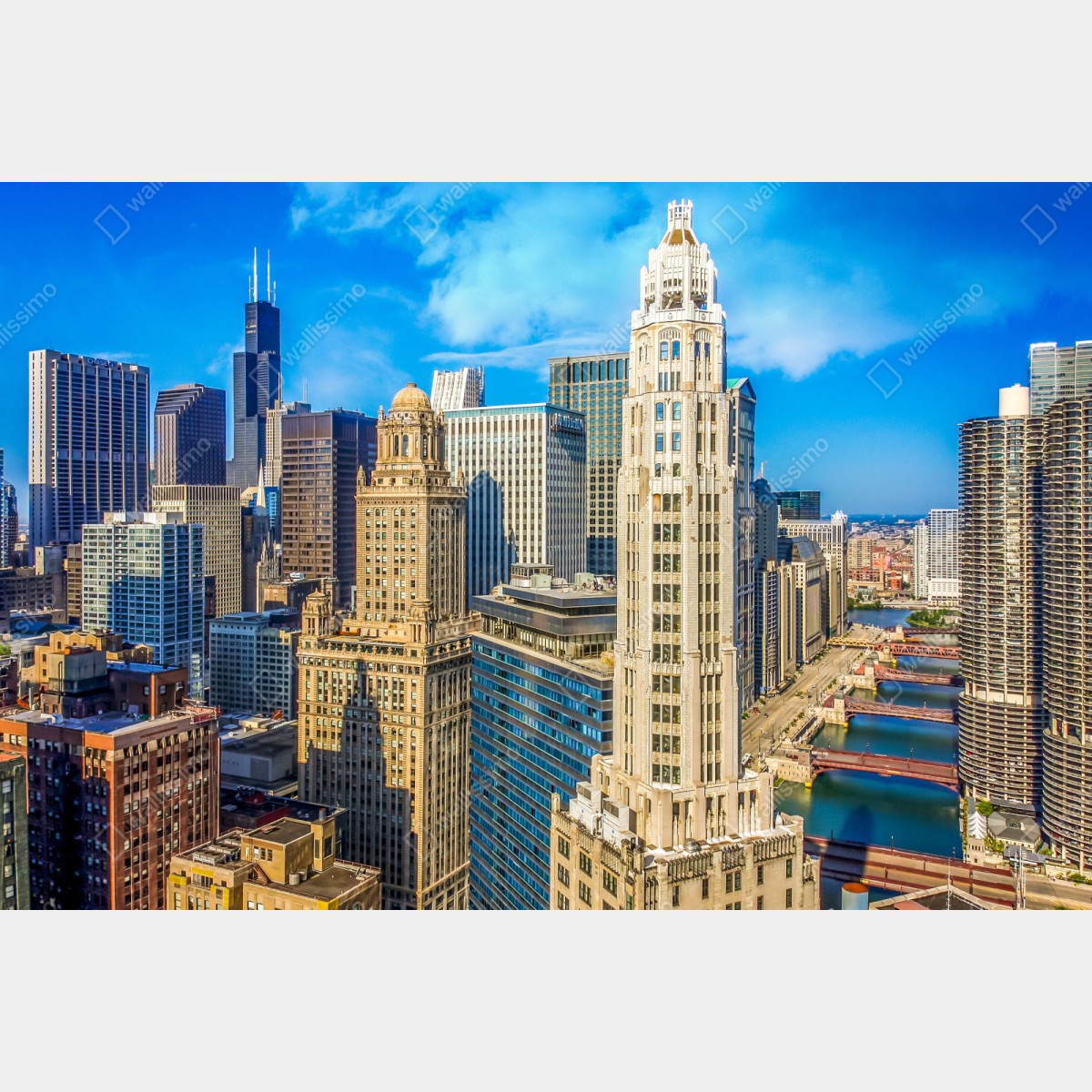 Repositionierbarer Aufkleber Chicago skyline über dem fluss – Wallnifity® Repositionierbarer Aufkleber Chicago skyline über dem fluss – Wallnifity®