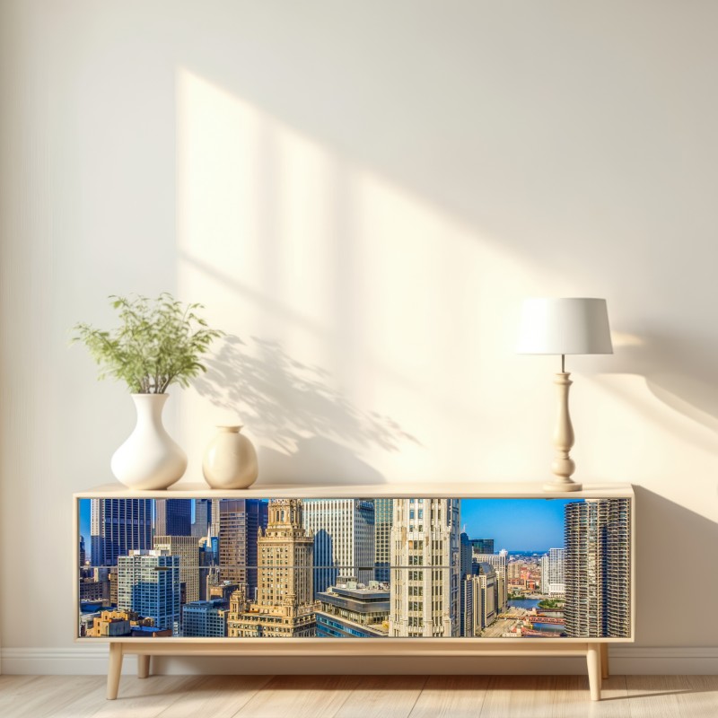 Repositionierbarer Aufkleber Chicago skyline über dem fluss – Wallnifity® Repositionierbarer Aufkleber Chicago skyline über dem fluss – Wallnifity®