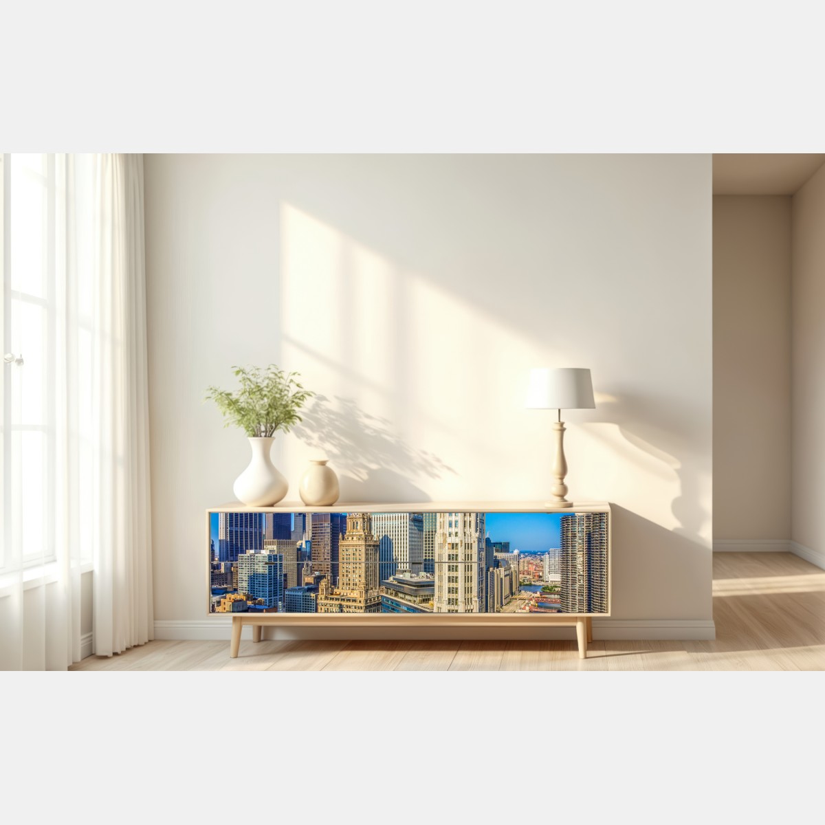 Repositionierbarer Aufkleber Chicago skyline über dem fluss – Wallnifity® Repositionierbarer Aufkleber Chicago skyline über dem fluss – Wallnifity®