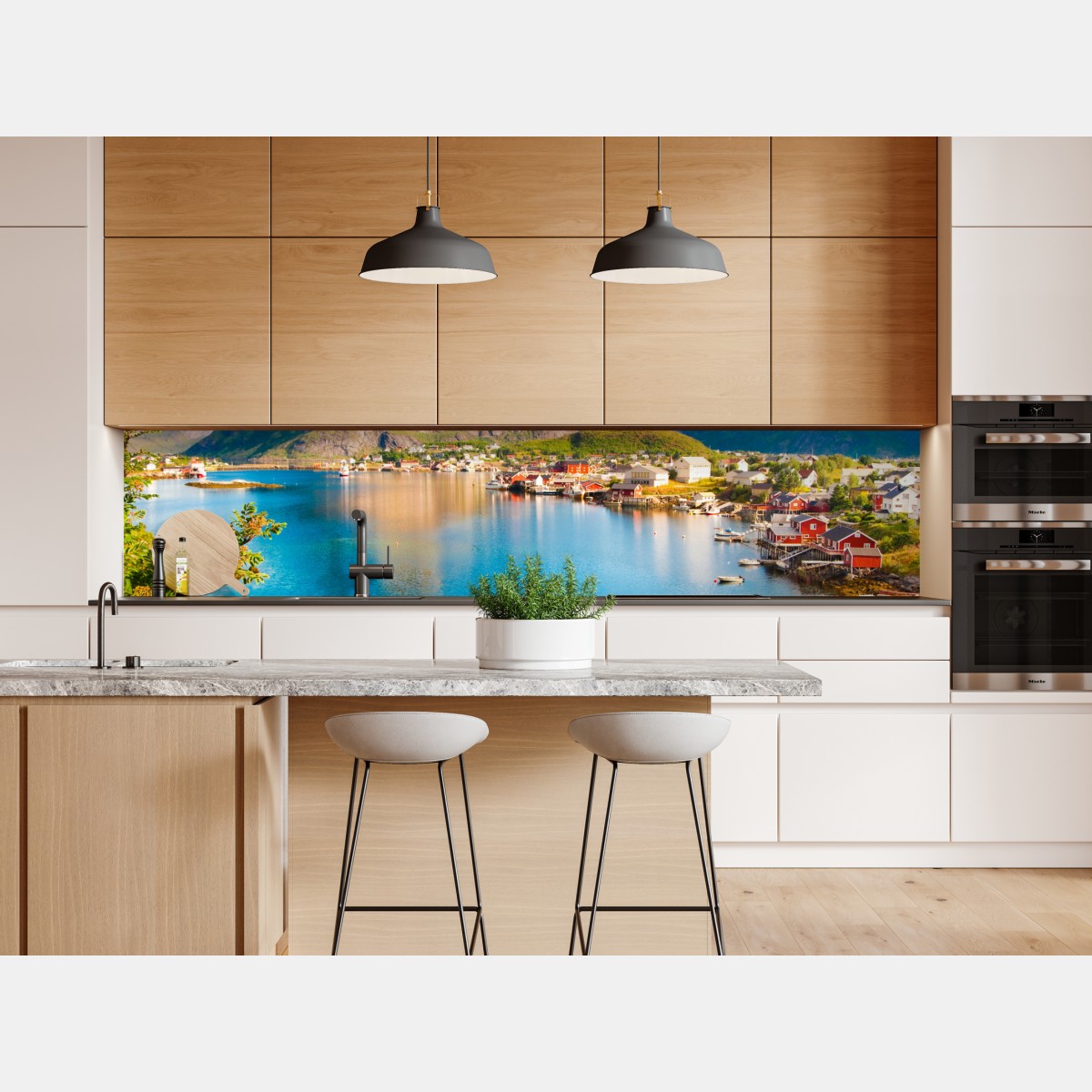 Repositionierbarer Aufkleber ruhiges fjorddorf mit bergen und spiegelungen – Wallnifity® Repositionierbarer Aufkleber ruhiges fjorddorf mit bergen und spiegelungen – Wallnifity®