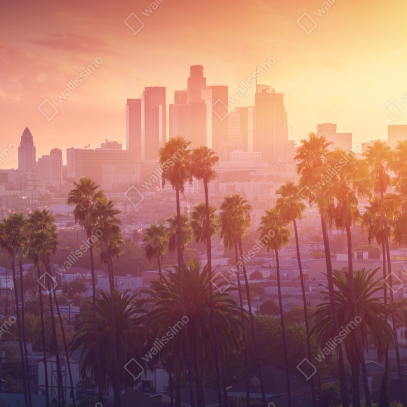 Repositionierbarer Aufkleber Los Angeles goldener sonnenuntergang über der skyline – Wallnifity® Repositionierbarer Aufkleber Los Angeles goldener sonnenuntergang über der skyline – Wallnifity®