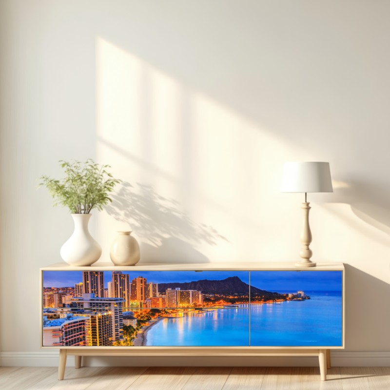 Repositionierbarer Aufkleber Honolulu skyline bei dämmerung – Wallnifity® Repositionierbarer Aufkleber Honolulu skyline bei dämmerung – Wallnifity®