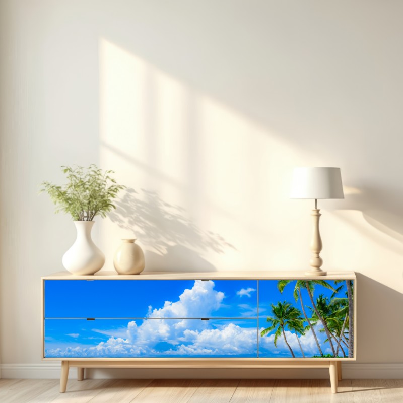 Repositionierbarer Aufkleber tropischer palmenstrand unter blauem himmel – Wallnifity® Repositionierbarer Aufkleber tropischer palmenstrand unter blauem himmel – Wallnifity®