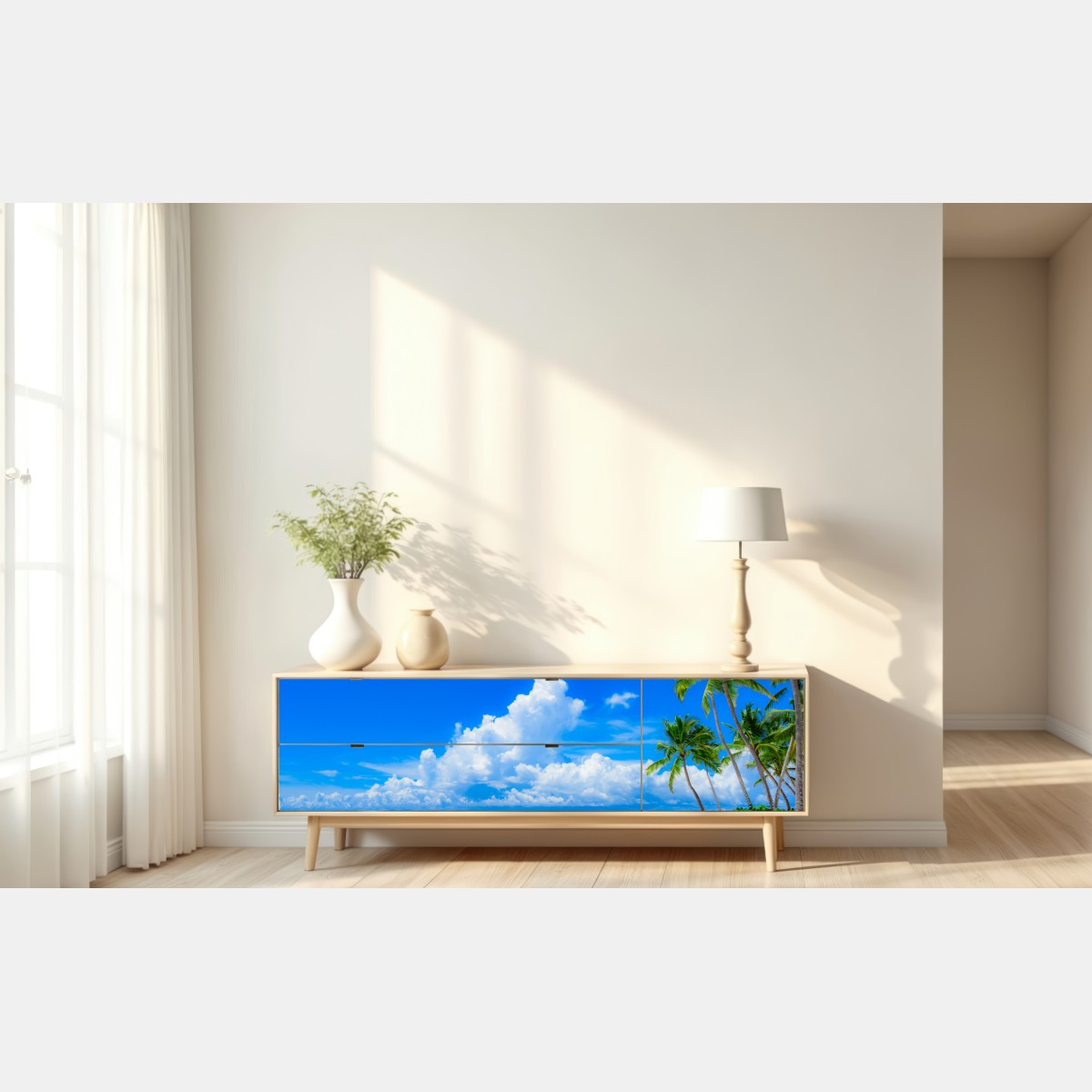 Repositionierbarer Aufkleber tropischer palmenstrand unter blauem himmel – Wallnifity® Repositionierbarer Aufkleber tropischer palmenstrand unter blauem himmel – Wallnifity®