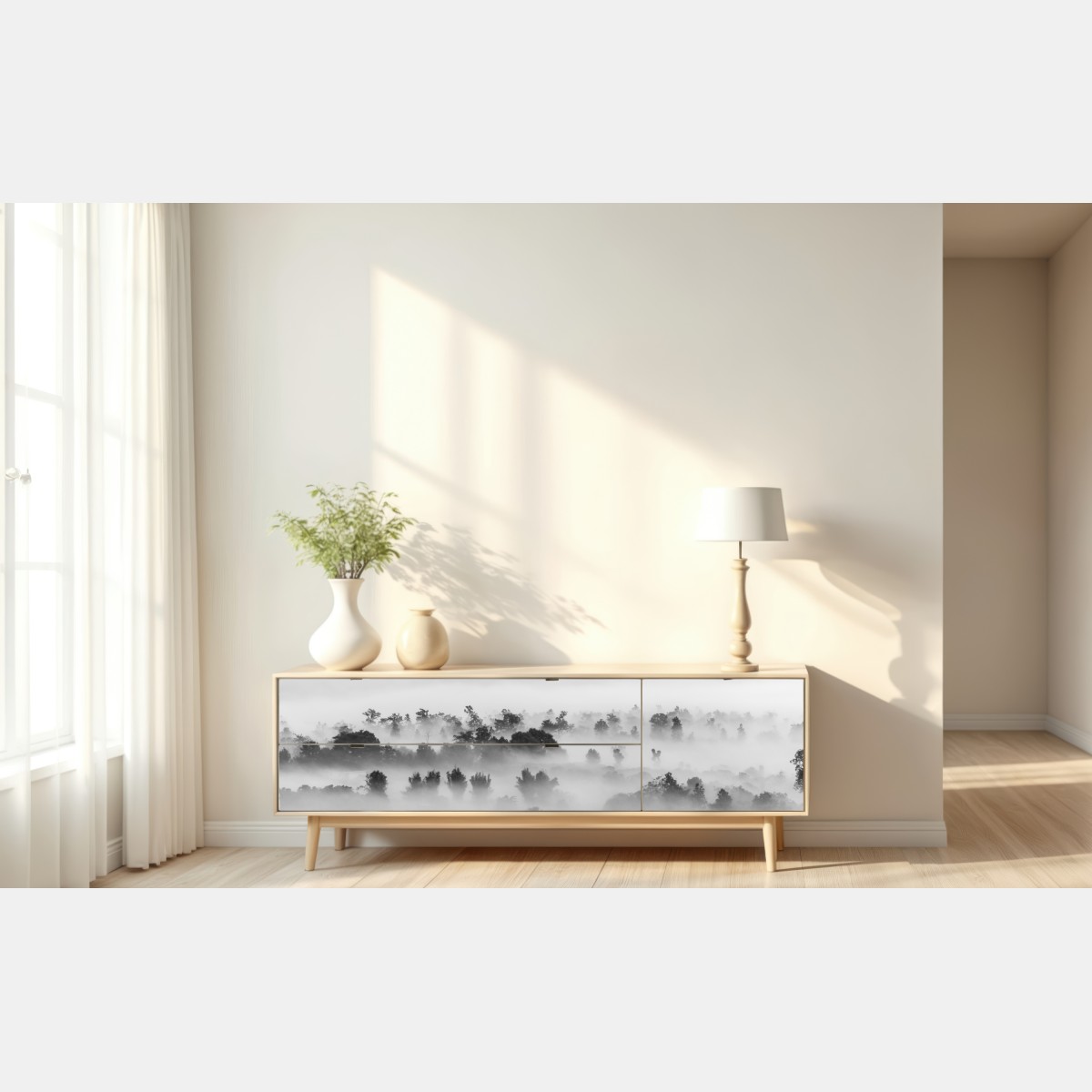 Repositionierbarer Aufkleber nebliger wald in monochrom – Wallnifity® Repositionierbarer Aufkleber nebliger wald in monochrom – Wallnifity®