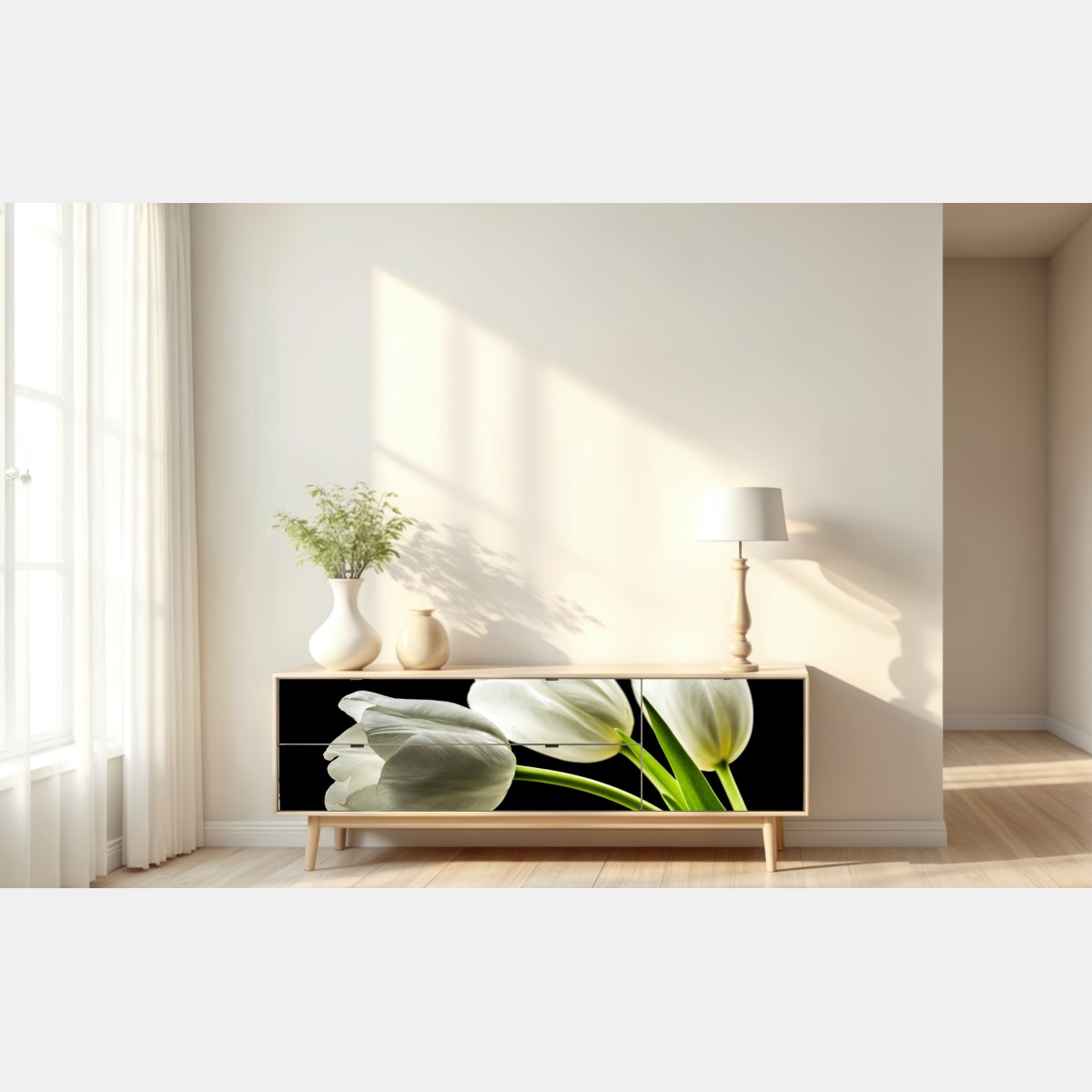 Repositionierbarer Aufkleber elegante weiße tulpen vor schwarzem hintergrund – Wallnifity® Repositionierbarer Aufkleber elegante weiße tulpen vor schwarzem hintergrund – Wallnifity®