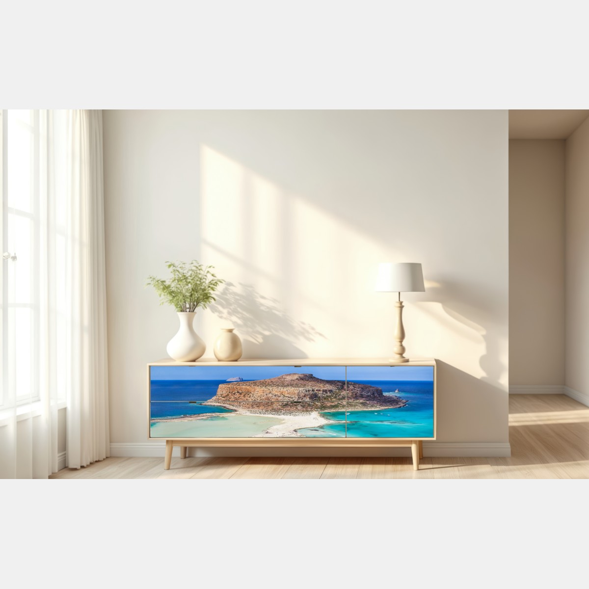 Repositionierbarer Aufkleber türkise lagune mit insel und sandstrand – Wallnifity® Repositionierbarer Aufkleber türkise lagune mit insel und sandstrand – Wallnifity®