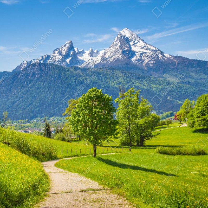 Repositionierbarer Aufkleber ruhige alpenwiese mit berggipfeln – Wallnifity® Repositionierbarer Aufkleber ruhige alpenwiese mit berggipfeln – Wallnifity®