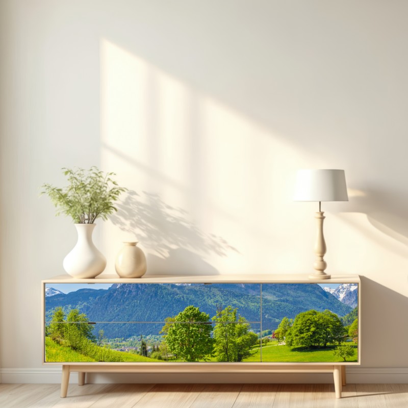 Repositionierbarer Aufkleber ruhige alpenwiese mit berggipfeln – Wallnifity® Repositionierbarer Aufkleber ruhige alpenwiese mit berggipfeln – Wallnifity®
