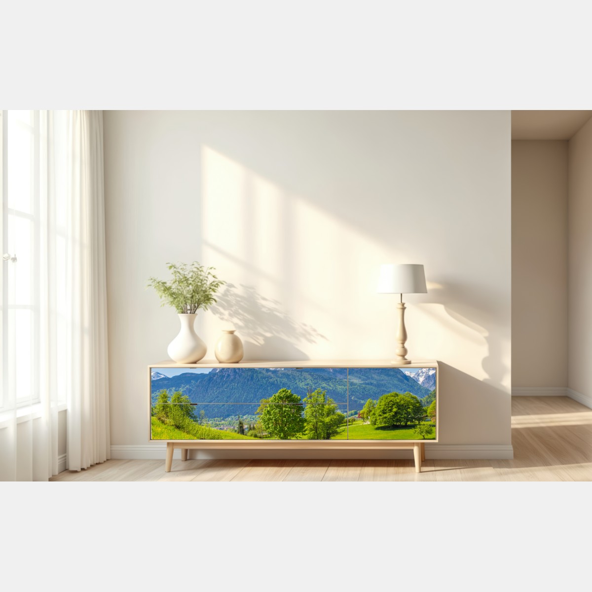 Repositionierbarer Aufkleber ruhige alpenwiese mit berggipfeln – Wallnifity® Repositionierbarer Aufkleber ruhige alpenwiese mit berggipfeln – Wallnifity®