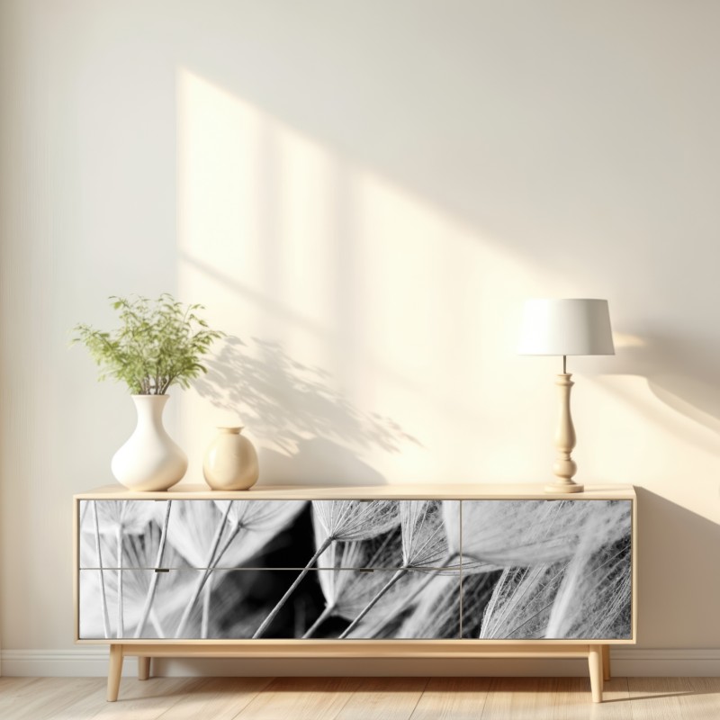 Repositionierbarer Aufkleber zarte nahaufnahme von löwenzahnsamen in monochrom – Wallnifity® Repositionierbarer Aufkleber zarte nahaufnahme von löwenzahnsamen in monochrom – Wallnifity®