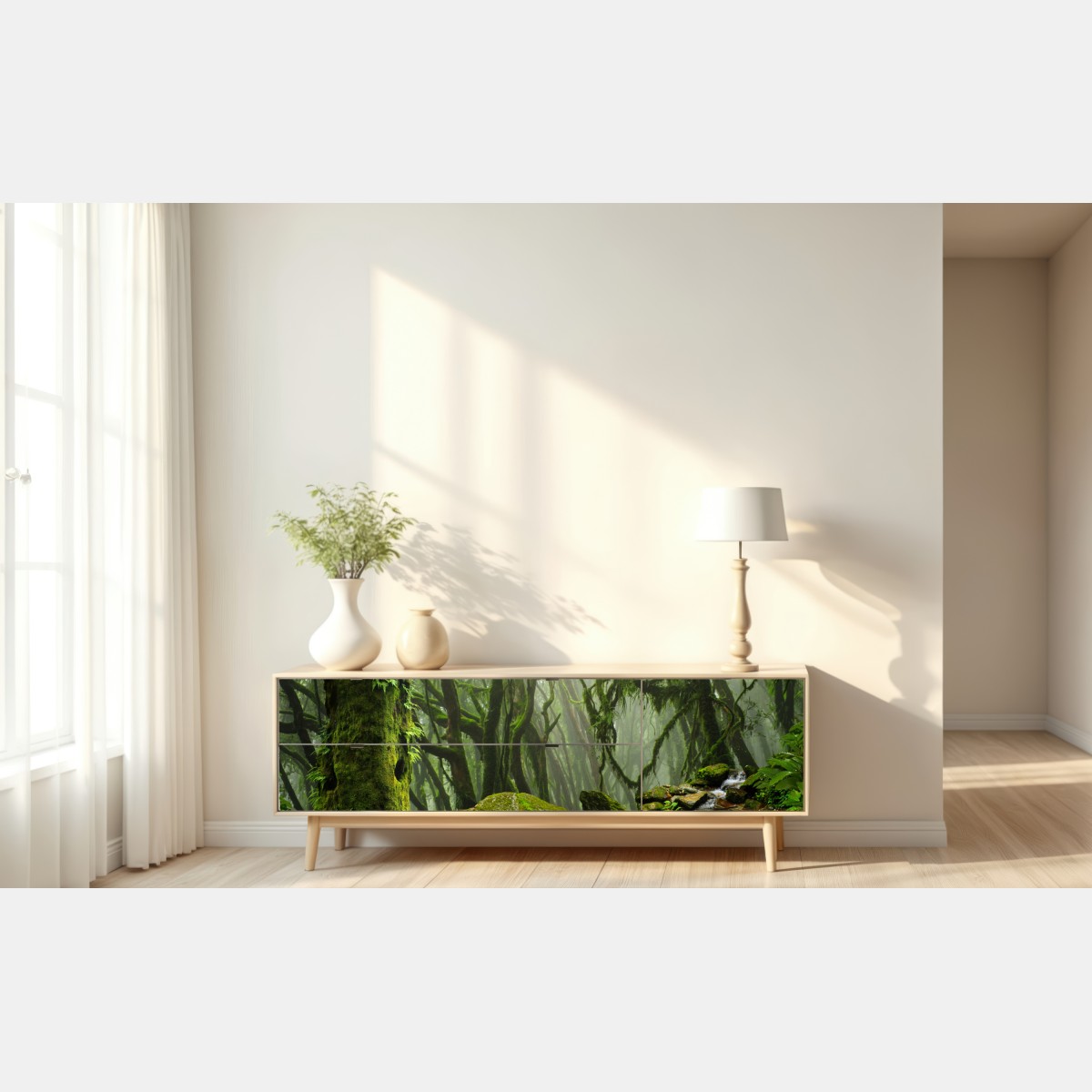 Repositionierbarer Aufkleber moosiger wald mit bach im nebel – Wallnifity® Repositionierbarer Aufkleber moosiger wald mit bach im nebel – Wallnifity®