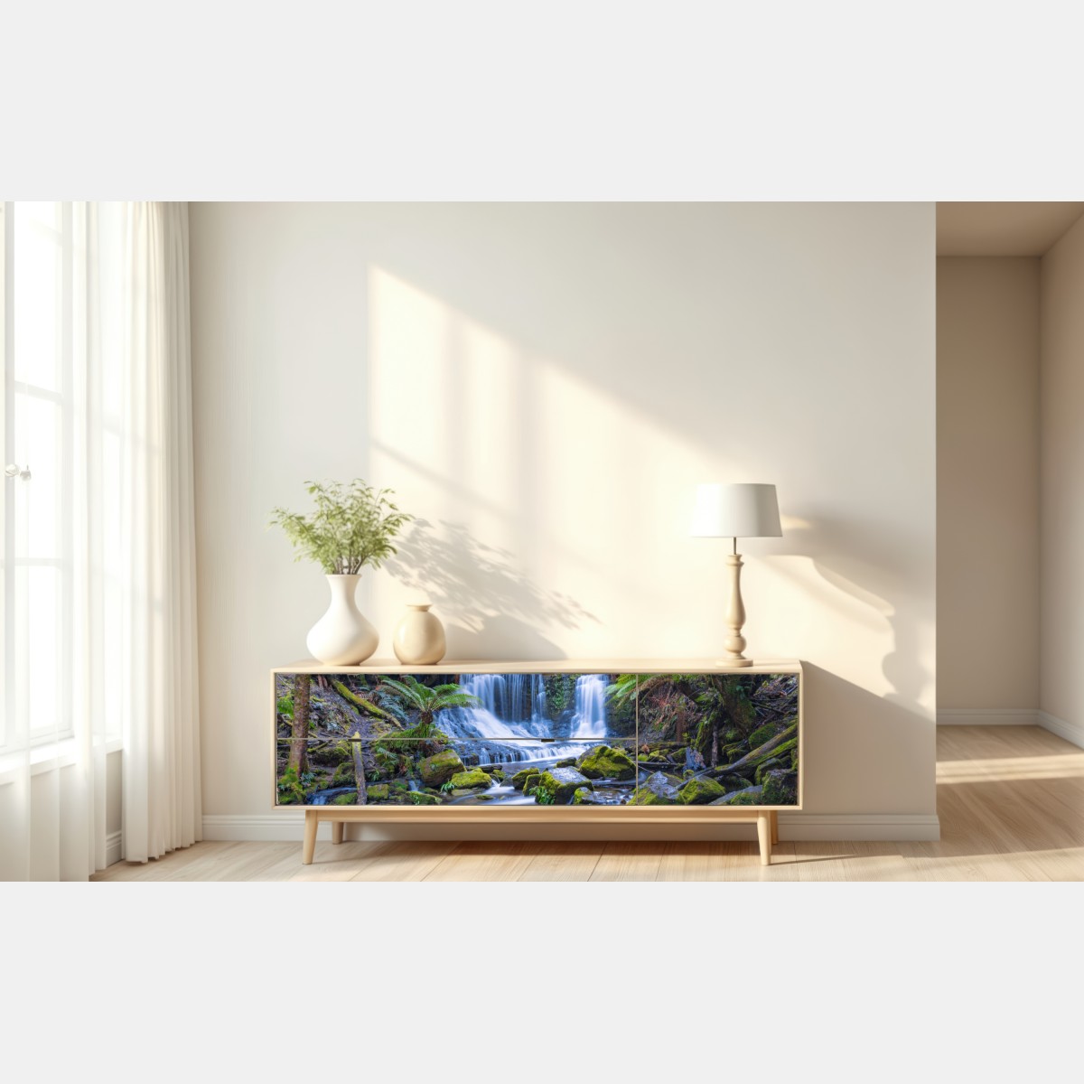 Repositionierbarer Aufkleber friedlicher waldwasserfall – Wallnifity® Repositionierbarer Aufkleber friedlicher waldwasserfall – Wallnifity®