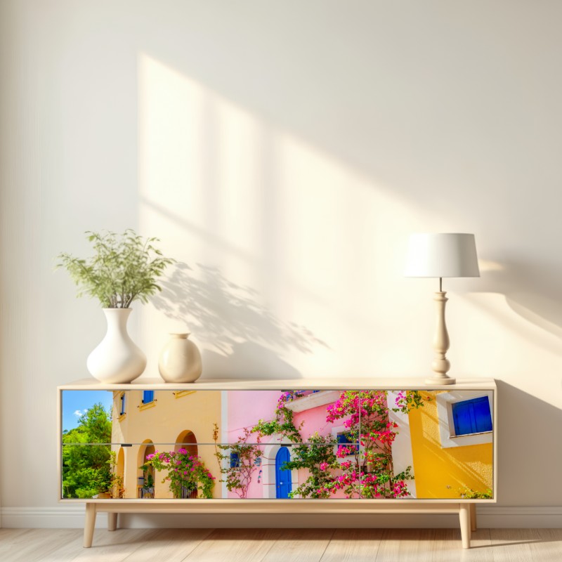 Repositionierbarer Aufkleber bunte straße auf Kefalonia – Wallnifity® Repositionierbarer Aufkleber bunte straße auf Kefalonia – Wallnifity®