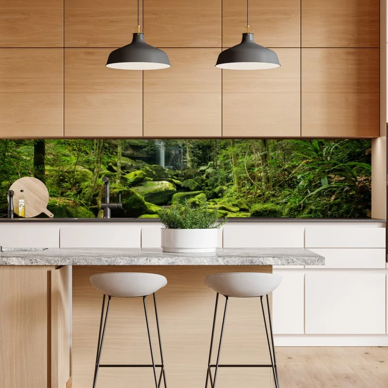 Repositionierbarer Aufkleber üppiger moosbewachsener wasserfall im tropischen wald – Wallnifity® Repositionierbarer Aufkleber üppiger moosbewachsener wasserfall im tropischen wald – Wallnifity®