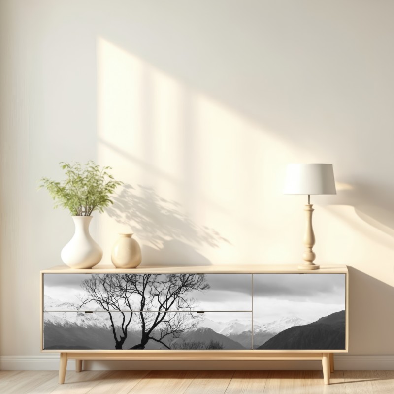 Repositionierbarer Aufkleber einsamer baum im see in schwarzweiß – Wallnifity® Repositionierbarer Aufkleber einsamer baum im see in schwarzweiß – Wallnifity®