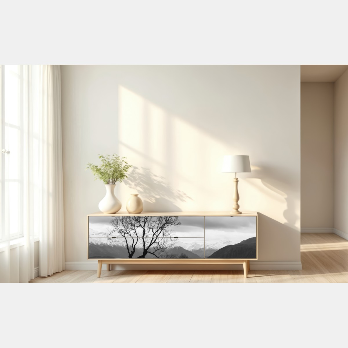 Repositionierbarer Aufkleber einsamer baum im see in schwarzweiß – Wallnifity® Repositionierbarer Aufkleber einsamer baum im see in schwarzweiß – Wallnifity®