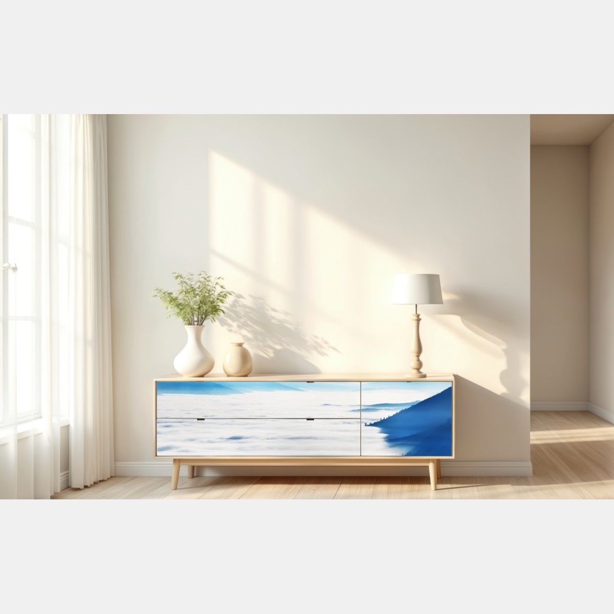 Repositionierbarer Aufkleber neblige bergpanorama über dem tal – Wallnifity® Repositionierbarer Aufkleber neblige bergpanorama über dem tal – Wallnifity®