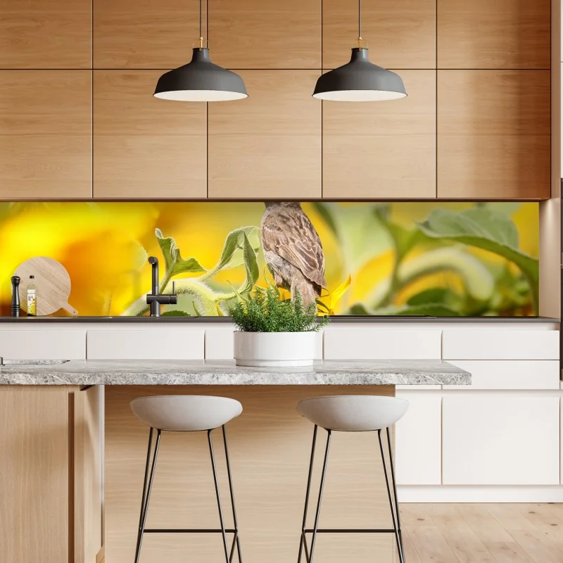 Repositionierbarer Aufkleber spatz auf einer sonnenblume – Wallnifity® Repositionierbarer Aufkleber spatz auf einer sonnenblume – Wallnifity®