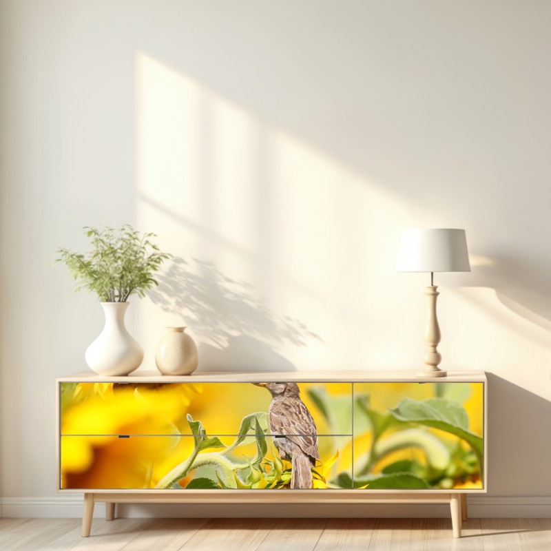 Repositionierbarer Aufkleber spatz auf einer sonnenblume – Wallnifity® Repositionierbarer Aufkleber spatz auf einer sonnenblume – Wallnifity®