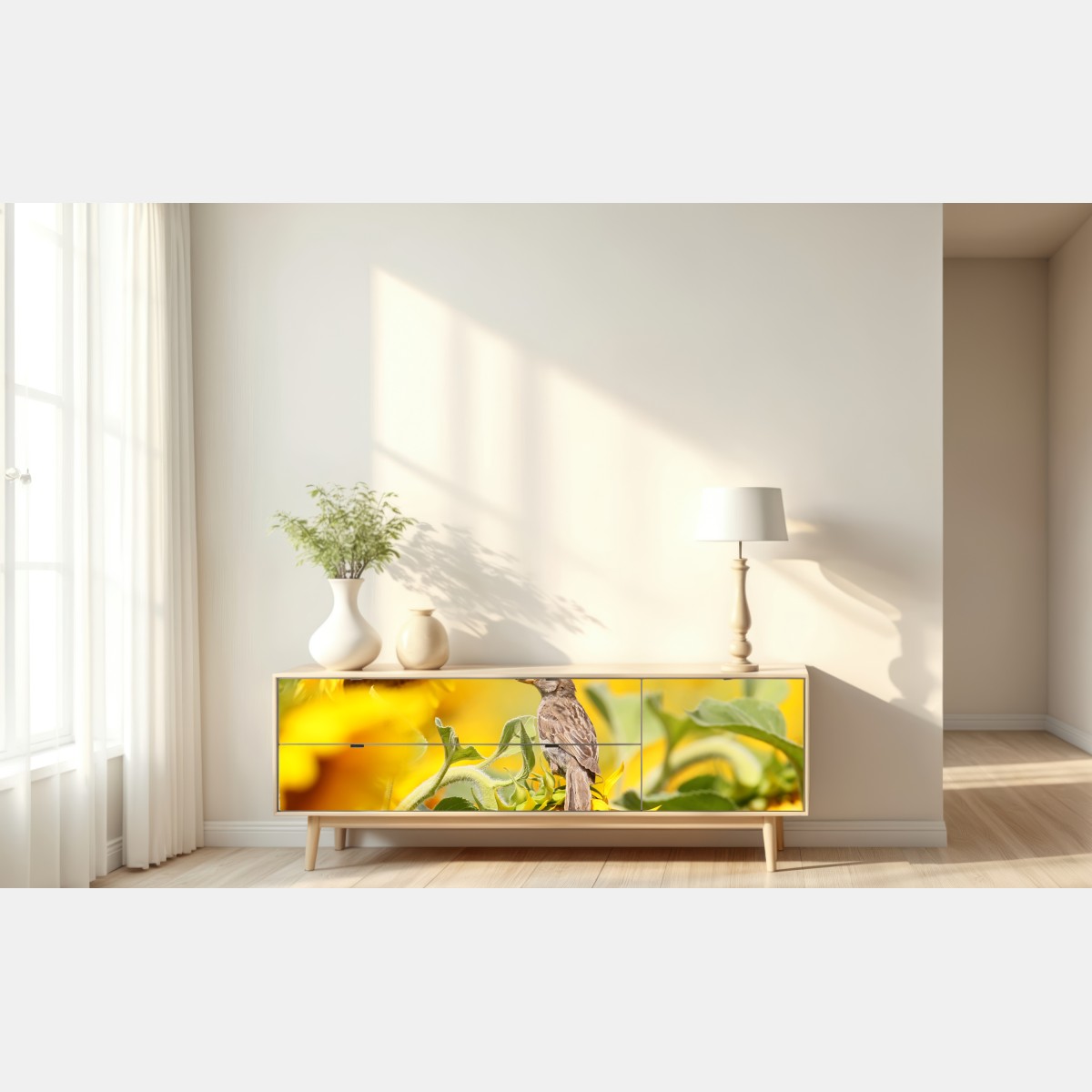 Repositionierbarer Aufkleber spatz auf einer sonnenblume – Wallnifity® Repositionierbarer Aufkleber spatz auf einer sonnenblume – Wallnifity®